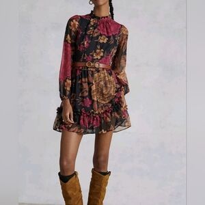 Anthropologie Porridge Puff Sleeve Open Back Floral Mini Dress Black M Romantic